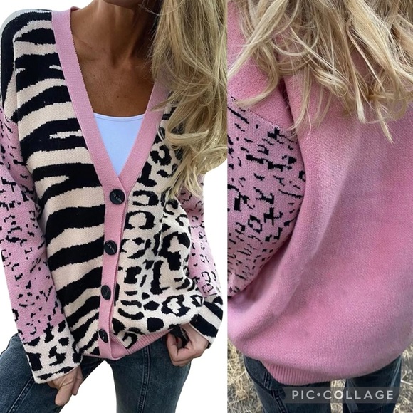 WOMEN'S Animal Print Buttons Cardigan Loose Knitted Cozy Sweater - Picture 1 of 1